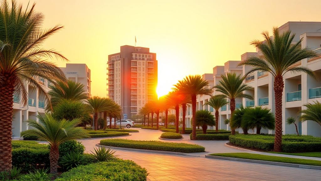 Modern Dubai community at golden hour sunset with palm trees and greenery