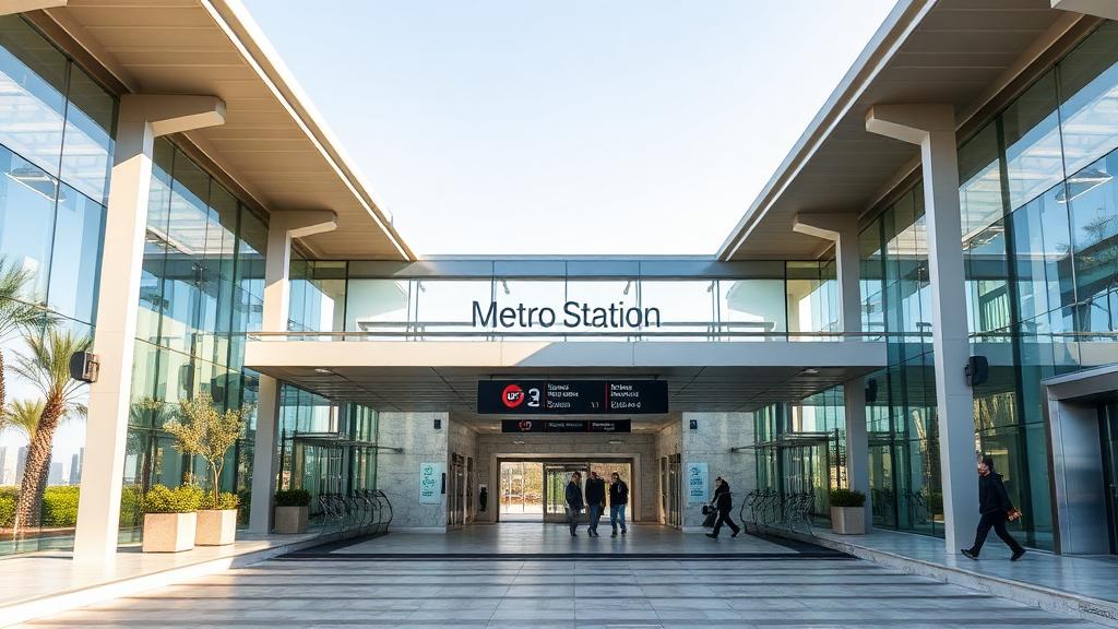 Dubai Investment Park Metro Station entrance with modern glass architecture