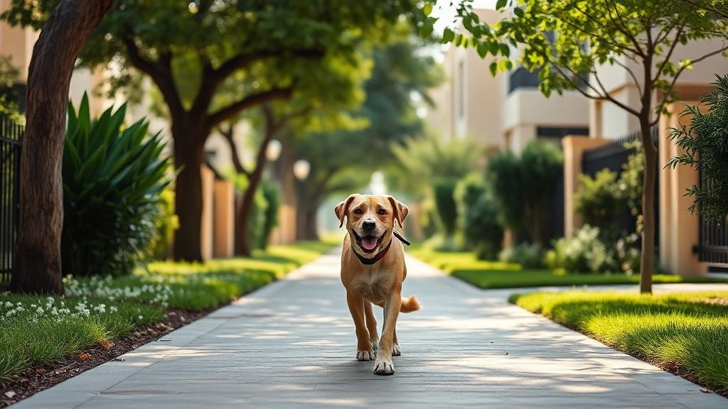 Happy dog walking on a shaded community path in Dubai