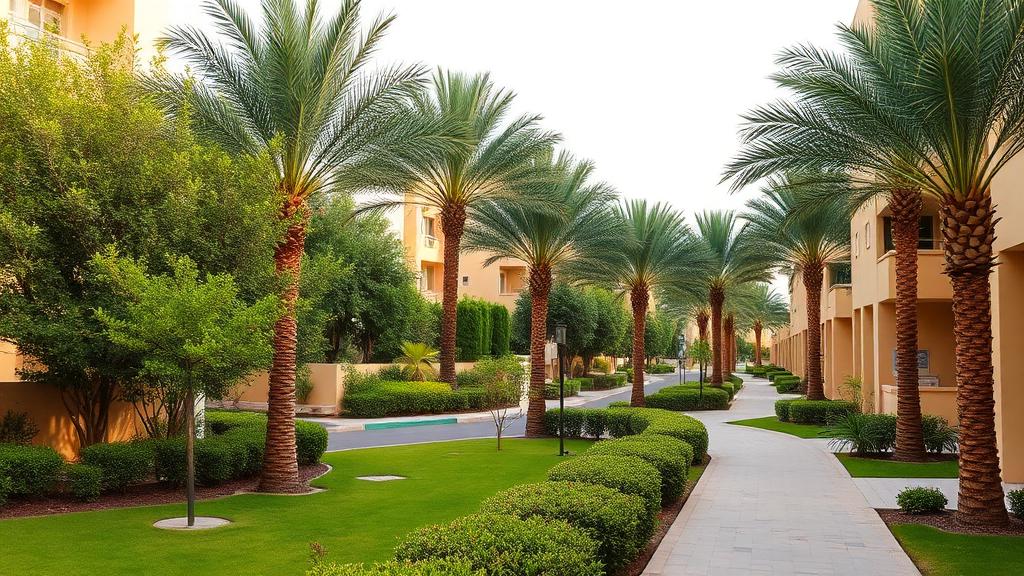 Quiet residential pocket in DIP 1 with palm trees and low-rise apartments